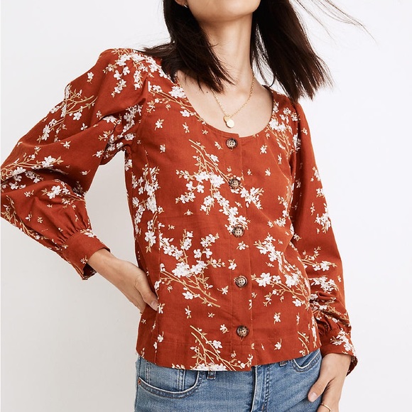 Madewell Corduroy Shirred-Sleeve Button-Front Top in Farmstand Bouquet - Picture 1 of 9